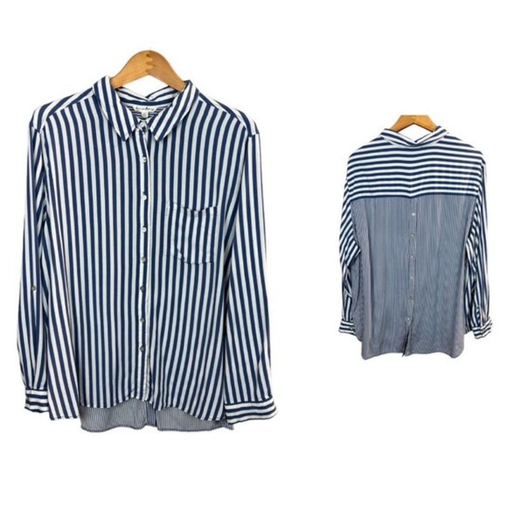 Jane and Delancey Tunic Top 2X Blue‎ White Button Shirt Striped Roll Tab Sleeve